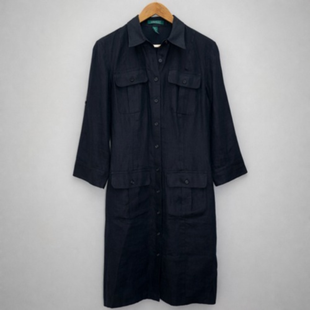 Lauren Ralph Lauren 100% Linen Shirt Dress Womens Size 10 Black Safari Pockets